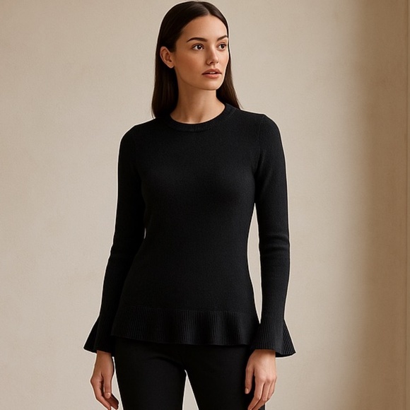 J.McLaughlin Small Black Cashmere Ruffle Hem Sweater Long Sleeve Crewneck - Picture 1 of 13